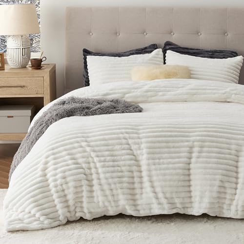 Bedsure Fluffy Duvet Cover Set - Ultra Soft Plush Shaggy Comforter Cover King Size, Warm Flannel Fleece Bed Sets for Winter, 3 Pieces (Striped Pattern, Coconut White) Bedsure