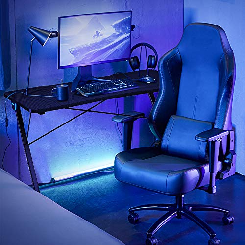 Tangkula Gaming Computer Desk, Z-Shaped Home Office Computer Table with LED Lights & Large Carbon Fiber Surface, Ergonomic Gamer Workstation, Writing Desk for Home Office Tangkula