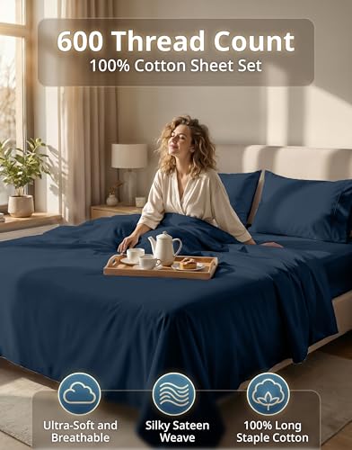 LANE LINEN Queen Bed Sheets - Pemium 600 Thread Count Long Staple 100% Cotton Sheets Queen Size Bed Set, Hotel Luxury Sateen Finish, 15" Deep Pocket Fitted Sheet, Cool & Durable - Denim LANE LINEN