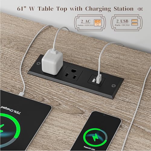 EnHomee 60.4" Computer Desk with Drawer & Power Outlet, Gaming Desk with LED Light, Office Desk with Monitor Stand, Farmhouse Study Desk, Work Desk for Home Office, Study Room, Bedroom, Ash Gray EnHomee