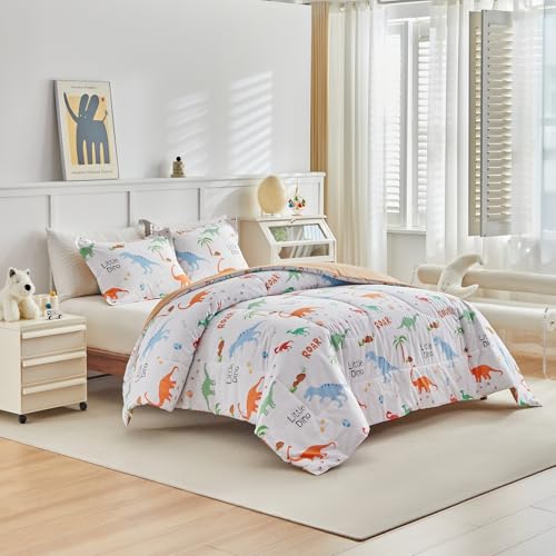 Joyreap Cotton Comforter Set Twin, Colorful Dinosaurs Orange n White Design, 3pcs Kids Bedding Set for All Season- 68x88 inches Joyreap