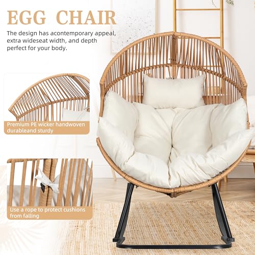 Vongrasig Wicker Egg Chair PE Rattan Rocking Chair with Cushion, Oversized Patio Lounge Rocker Chair for Outdoor, Indoor, Balcony, Backyard, Garden, Beige Vongrasig