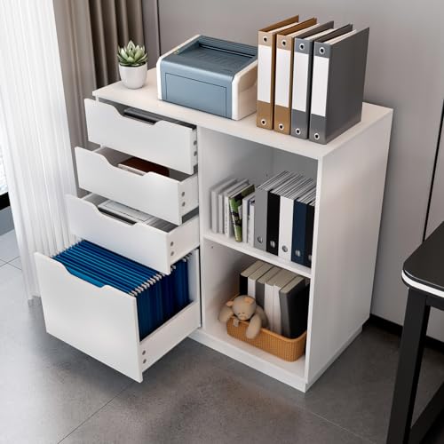 PAG-Mass 4 Drawers Lateral File Cabinets, Wood Filing Cabinet, Printer Stand with Open Storage Shelves for Home Office, 6 Compartments, White PAG-Mass