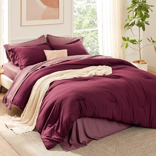 Bedsure King Size Comforter Set - 7 Pieces Burgundy King Bedding Set for All Seasons, Boho Contrasting Design Bed in a Bag with Comforter, Sheets, Pillowcases & Shams Bedsure