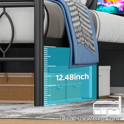 Samurbex Twin Size Bed Frame with Headboard,Black Metal Platform Bed Frame Twin Size with Charging Station & LED Lights,12-Inch Under Bed Storage,No Box Spring Needed,Noise Free,Easy to Assemble Samurbex