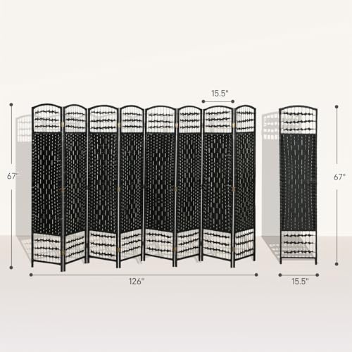 HOMCOM 8 Panel Room Divider, Folding Privacy Screen, 5.6' Room Separator, Wave Fiber Freestanding Partition Wall Divider, Black HOMCOM