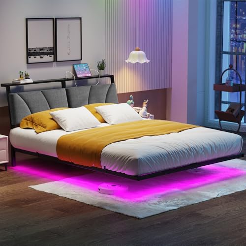 Full Size Floating Bed Frame with LED Lights and Charging Station,Metal Bed Frame Full Size with Stoarge Headboard,Full Bed Mattress Foundation No Box Spring Needed,Noise Free,Under Bed Storage,Black SOLACECASA