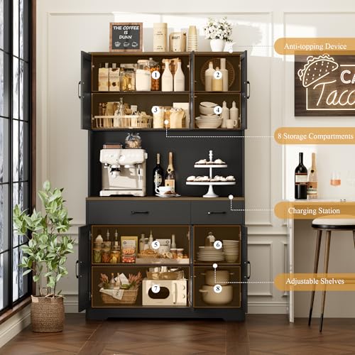 HOSTACK 71" Pantry Cabinet with Charging Station, Tall Kitchen Pantry Storage Cabinet with Microwave Stand, Farmhouse Kitchen Hutch Cabinet with Storage Drawers for Living Room, Dining Room, Black HOSTACK