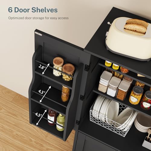 TEENFON Storage Cabinet with 4 Doors, Kitchen Cabinet with 6 Door Shelves, Kitchen Pantry for Living Room, Dining Room, Bathroom, Black TEENFON