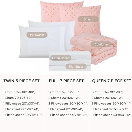 Geniospin Pink Twin Comforter Set for Girls- 5 Pieces Pom Tufted Bed in A Bag Twin Bedding Sets with Sheets, Pillowcases & Shams, All Season Kids Comforter Set Geniospin