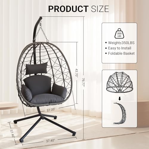 JOINFUN Egg Chair with Stand, Patio Wicker Hanging Swing Egg Chair Thickened, Galvanized Pipe Steel Frame and UV Resistant Cushion for Bedroom Garden Indoor Outdoor, 350LBS Capacity (Drak Grey)