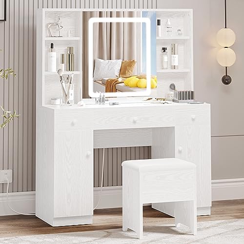 IRONCK Vanity Desk Set with Large LED Lighted Mirror & Power Outlet, 7 Drawers Vanities Dressing Makeup Table with Storage Bench, for Bedroom, Industrial Style White IRONCK