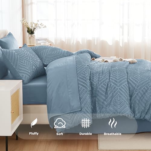 Andency King Size Comforter Set 7 Pieces Grayish Blue - Bed in a Bag King Boho Lightweight Fluffy Tufted Bedding Sets with Comforter, Sheets, Pillowcases & Shams Andency