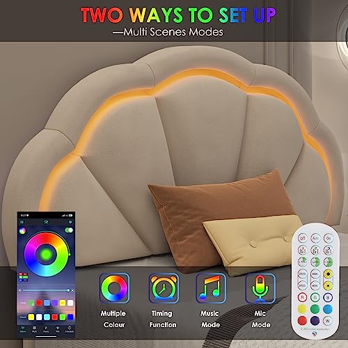 HIFIT Twin Upholstered LED Bed Frame with Adjustable Petal Headboard in Beige - Soft Velvet Princess Platform Bed for Kids HIFIT