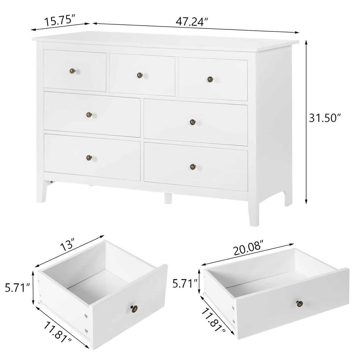 Vikiullf White Dresser - 47 in Modern Dresser for Bedroom, Wooden 7 Drawer Dresser, Storage Cabinet for Bedroom, Living Room, Hallway, Entryway Vikiullf