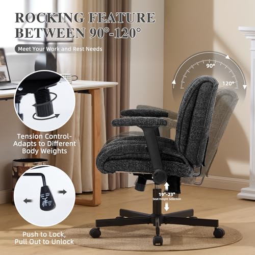 Criss Cross Legged Office Chair with Flip-Up Arms and Wheels, Wide Seat Desk Chair with Built-In Dynamic Airbag Lumbar Support, Modern Cross-Leg Chair for Home Office, Apartment, Vanity, Black Kassipo