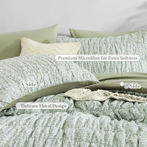 BLOOMHAVEN Full Size Comforter Sets-7 Pieces Puff Sage Green Floral Bedding Set for All Seasons, Shabby Chic Farmhouse Bed in a Bag Full with Floral Comforter, Sheets, Pillowcases & Shams BLOOMHAVEN
