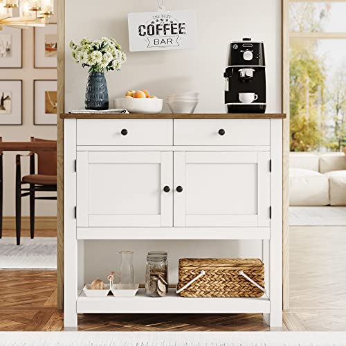HOSTACK Farmhouse Console Table with 2-Door Cabinet & 2 Drawers, Coffee Bar, Entryway Table with Storage Shelf, Sofa Tables Buffet Sideboard for Kitchen, Hallway, Dining, Living Room, White HOSTACK