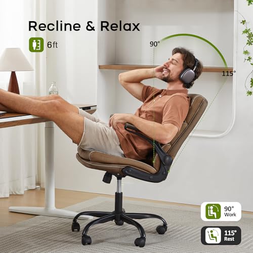 Office Chair Adjustable Desk Chair Mid Back Executive Comfortable Bonded Leather Ergonomic Back Support Home Computer Chairs with Padded Flip-up Armrest Swivel Wheels (Tan) amseatec