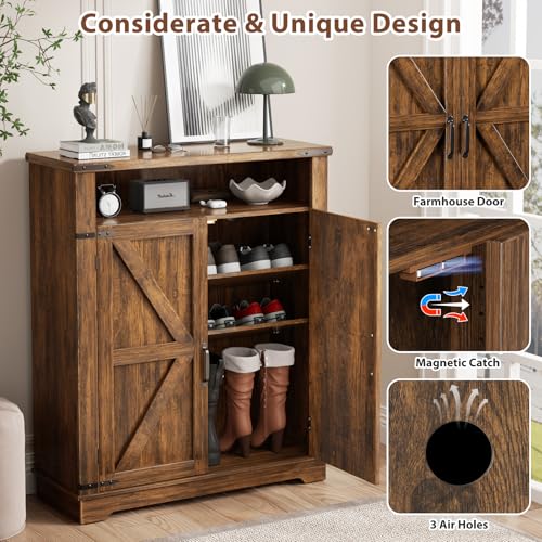 ALLSTAND 6-Tier Shoe Cabinet with Doors, Entryway Shoe Rack Wooden Shoe Storage Cabinet with Adjustable Shelves & Anti-tip Fitting, Farmhouse Shoe Cabinet Storage for Entryway, Living Room, Closet ALLSTAND
