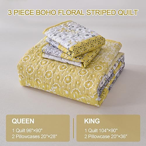 WONGS BEDDING Boho Quilt Set Queen, Yellow Bohemian Striped Patchwork Bedspread Coverlet Set with 2 Pillowcases,Lightweight Microfiber Floral Bedding Set 96"×90" WONGS BEDDING