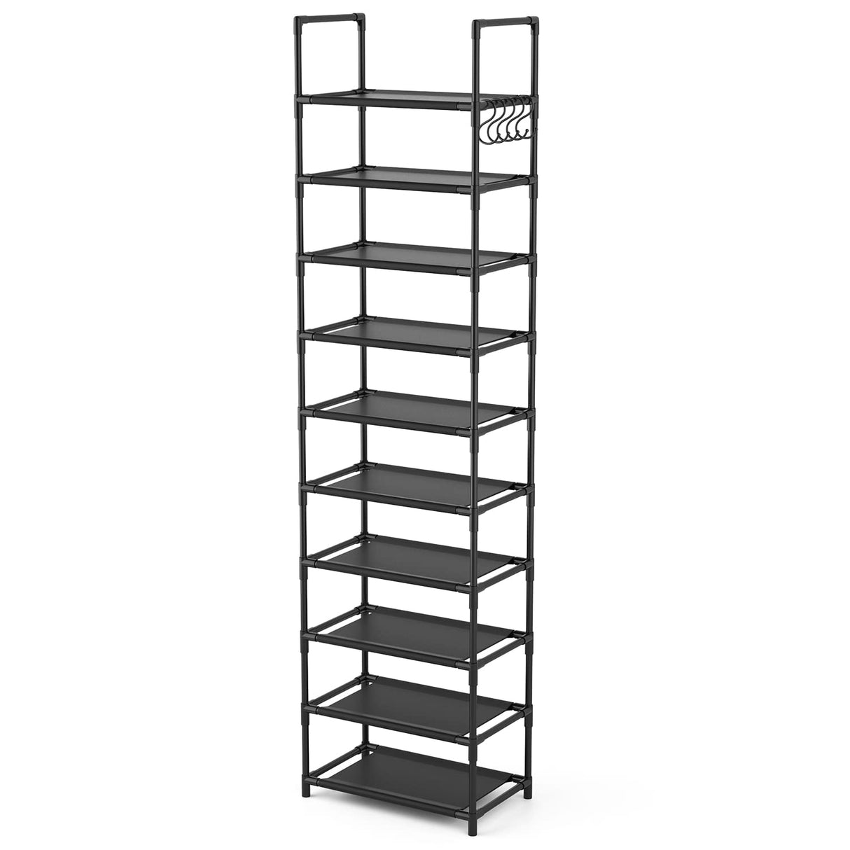 LANTEFUL 10 Tiers Tall Shoe Rack 20-25 Pairs Boots Organizer Storage Sturdy Narrow Shoe Shelf for Entryway, Closets with Hooks, Black LANTEFUL