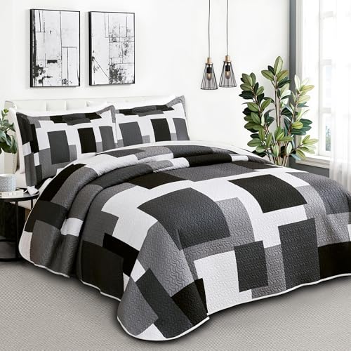 Tyrot 3 Piece Black Grey Quilt Set Full/Queen Size Black White Geometric Reversible Bedding Set Microfiber Lightweight Bedspread Coverlet with 2 Shams Modern Bed Covers for All Season, 90''x96'' Tyrot