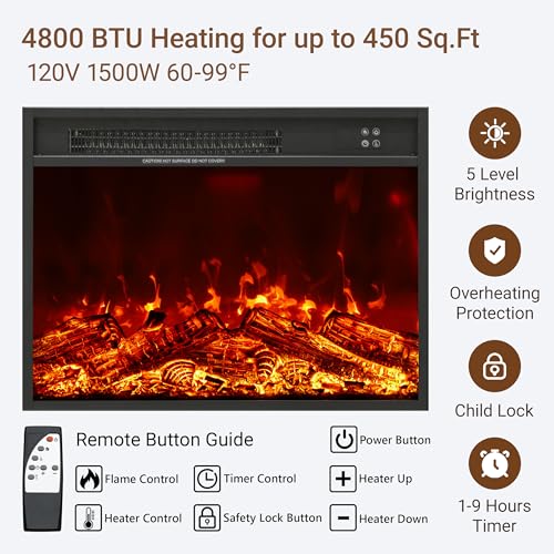 40" H Electric Fireplace with Mantel, 23" 4800 BTU Freestanding Electric Fireplace for Small to Medium Rooms, Heating to 60-99°F, LED Flame, Overheat Protection, Remote Control, Black Wood Grain ViridKnot