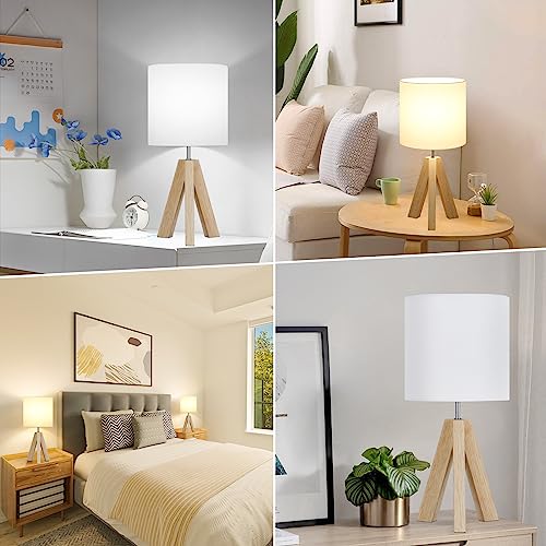 Small Beside Table Lamp, Wood Tripod Table Lamp with White Fabric Shade, Cute Boho Nightstand Lamp, Minimalist Desk Lamp for Bedroom Living Room Nursery Kids Room Office Dorm, Bulb Not Included Brightever
