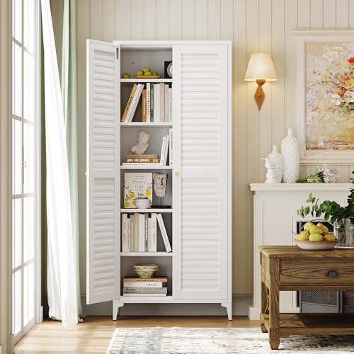METALYEYE 74" H Kitchen Pantry Storage Cabinet, Metal Storage Cabinets with 5 Adjustable Shelves for Home, Kitchen, Living Room, Required Assembly, White METALYEYE