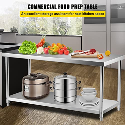 VEVOR Stainless Steel Prep Table, 72 x 30 x 34 Inch, 550lbs Load Capacity Heavy Duty Metal Worktable with Adjustable Undershelf, Commercial Workstation for Kitchen Restaurant Garage Backyard VEVOR