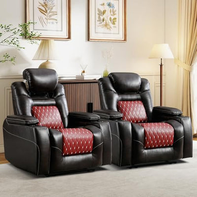 ANJ Power Recliner Chair Set of 2,Home Theater Seating with Adjustable Headrest,Cup Holders,USB Port,Hidden Arm Storage(Brown)