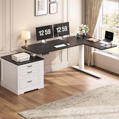 SEDETA Farmhouse L Shaped Electric Standing Desk, 70.9" x 39.4" Height Adjustable Office Executive Desk with 3 Drawers, Standing Computer Desks with Power Outlet for Home Office, White SEDETA