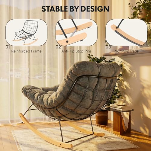 FLEXISPOT Oversized Outdoor Rocking Chair with Thick Cushioned Seat & Bonus Pillow, Modern Patio Papasan Rocker Lounge Chair with Metal Frame Wood Base Accent Chair for Porch Balcony Living Room Grey