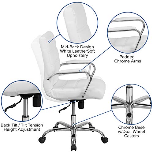 Flash Furniture Whitney Mid-Back Swivel LeatherSoft Desk Chair with Padded Seat and Armrests, Adjustable Height Padded Office Chair, White/Chrome Flash Furniture