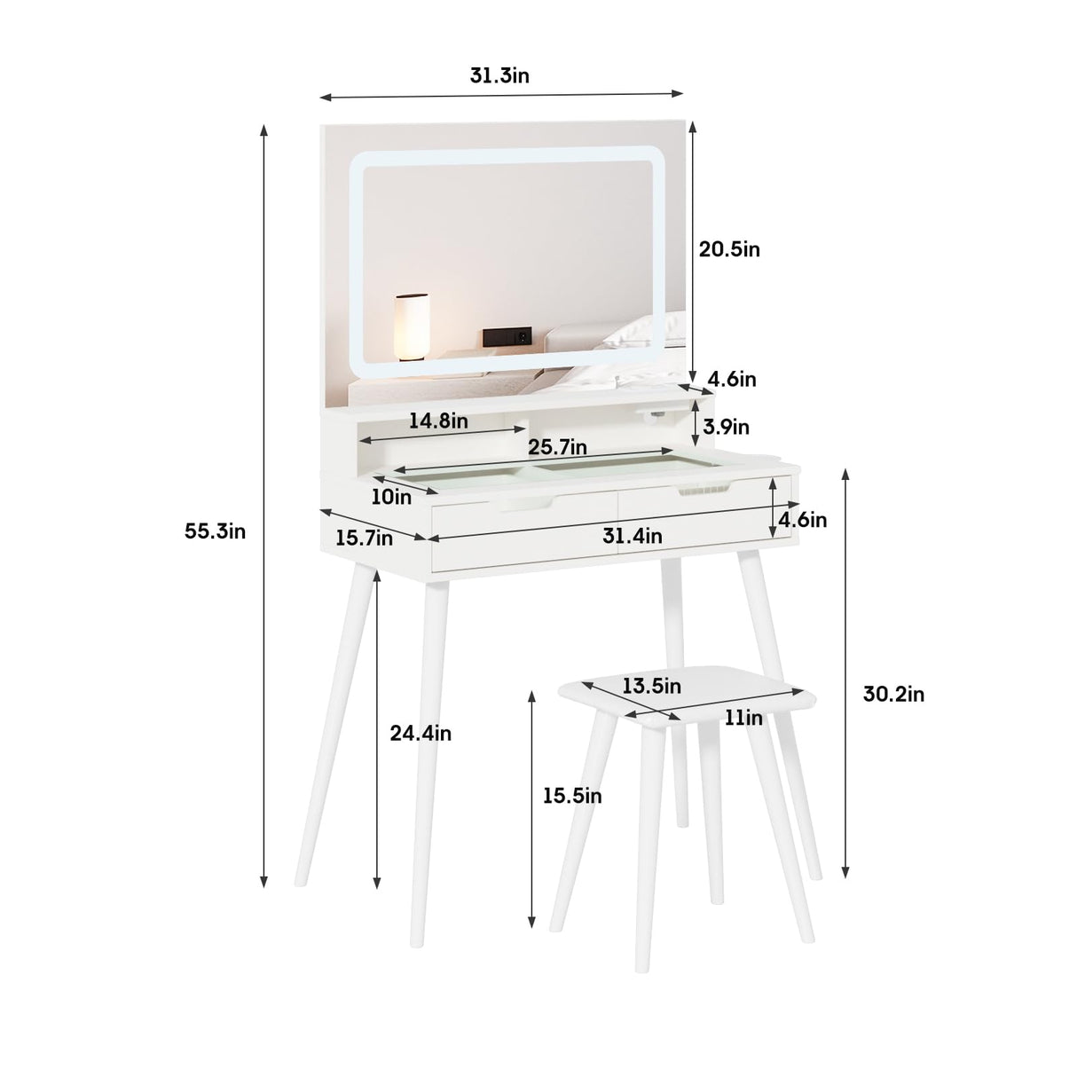 Fameill Small Makeup Vanity Desk Lighted Mirror&Stool,Vanity Table Set with Storage Drawer & Chair,White Vanity for Girls with Power Strip,Vanity Table for Bedroom,White Fameill