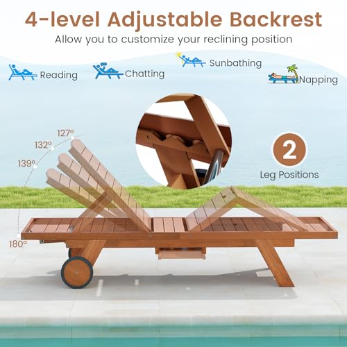 Tangkula Lounge Chair Outdoor with Wheels, Patio Wood Chaise Lounge with 4-Position Adjustable Backrest & Leg Area, Extendable Side Table, Pool Sunbathing Reclining Lounger for Outside Backyard (1)