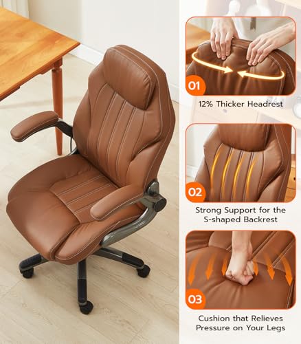 Office Desk Chair, Ergonomic Computer Chair with Padded Flip-Up Arms and Adjustable Lumbar Support, PU Leather Executive Chair with Tilt Lock and 360° Swivel Rolling Wheels for Work, Study Ylzyxal