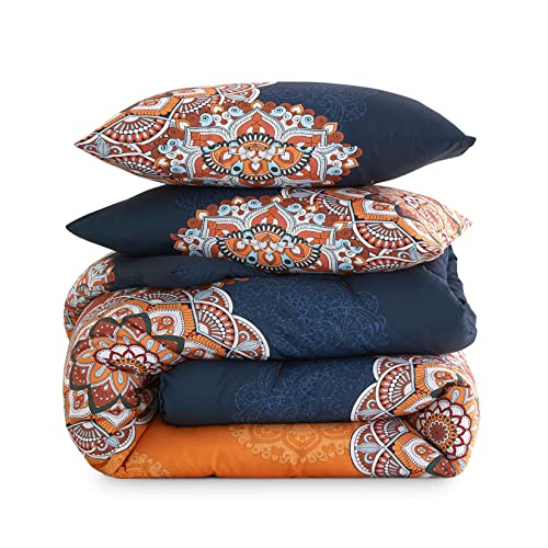 Wake In Cloud - Bohemian Comforter Set, Boho Chic Ornate Floral Elements Pattern Printed for Men Women, Soft Lightweight Bedding, 3 Pieces, Orange Navy, Queen Size Wake In Cloud