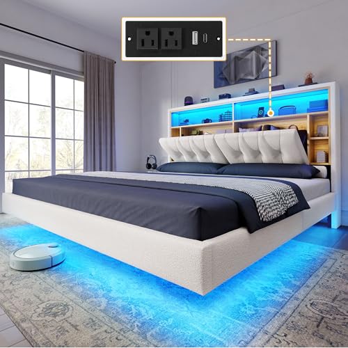 YITAHOME Queen Size Floating Bed Frame with RGB LED Lights, Bookcase Storage Headboard Beds with Charging Station, Upholstered Platform with Heavy Duty Wood Slat, No Box Spring Needed, Beige YITAHOME