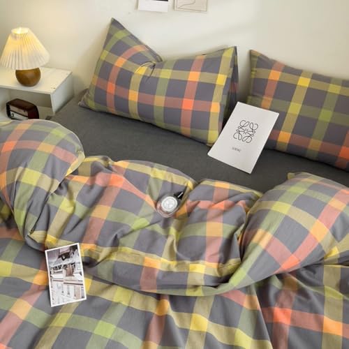 DONUES Plaid Duvet Cover Set King Size Bedding Set 100% Washed Cotton Reversible Multicolor Grid Checkered Duvet Cover with 2 Pillowcases(Queen 104"x90", Comforter Not Included) DONEUS