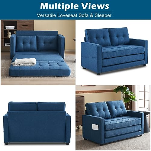 VINGLI Upgraded Loveseat Sleeper, 53.5" W 80" L Convertible Sofa Bed Couch Futon Couches for Living Room, Folding Couch Bed for Small Spaces, Foldable Floor Gaming Sofa Bed for Basement, Navy Blue VINGLI
