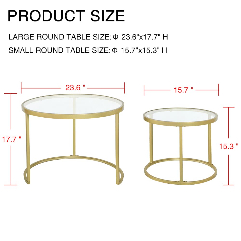 Round Nesting Coffee Table Gold Set of 2 for Living Room, Modern Side Tables with Sturdy Metal Frame and Tempered Glass.Minimalist End Table,Cocktail Table for Dining Room,Home Decor MAIKAILUN