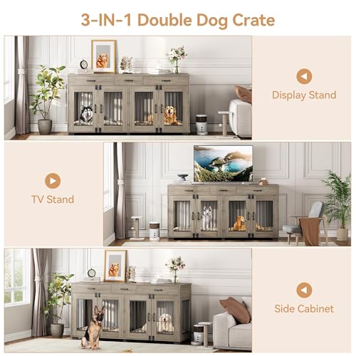 71''Wooden Dog Crate Furniture for 2 Dogs, XXL Indoor Double Dog Kennel with 3 Storage Drawers and Removable Divider, Wooden Double Doors, Large Dog Crate TV Stand End Table, Gray GarveeTech