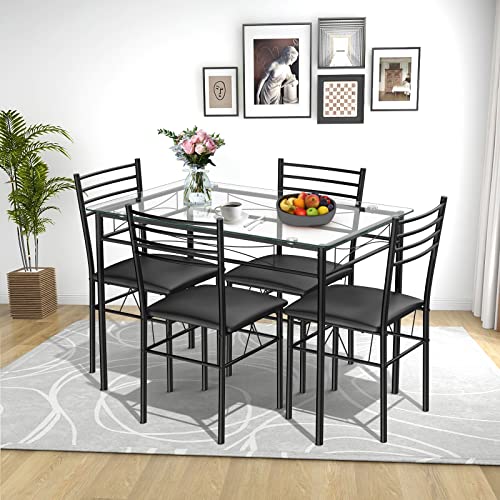 Tangkula Dining Table Set, 5 Pieces Dining Set with Tempered Glass Top Table and 4 Chairs, Kitchen Dining Room Furniture, Black Tangkula