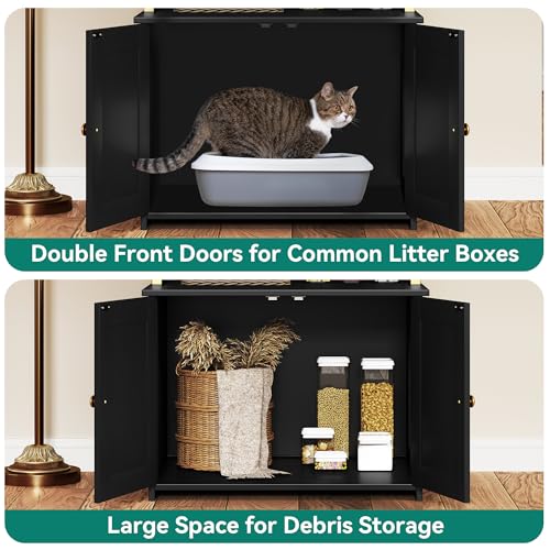 YITAHOME 27" Cat Litter Box Enclosure with Storage Shelves, Large Hidden Cat Litter Box Furniture with 2 Drawers & Soft Cusion, Wooden Hidden Cat Cabinet Washroom Corner, Black YITAHOME