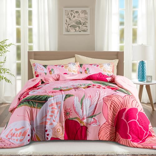 Tyrot Pink Boho Floral King Comforter Set - 3 Piece Farmhouse Botanical Bedding Comforter Sets for All Season Soft Lightweight Mid Century Modern Bed Set, (1 Reversible Comforter and 2 Pillow Shams Tyrot