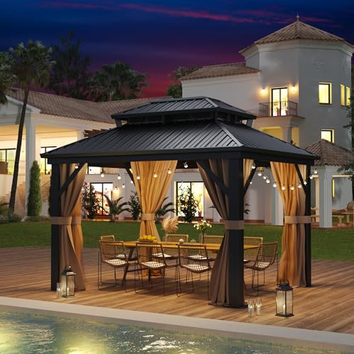 Prime Garden 10'x12' Hardtop Gazebo, Galvanized Steel Double Roof Gazebo with Aluminum Frame, Metal Gazebo w/Privacy Curtains and Nets, Outdoor Gazebo for Patio, Lawn, Backyard Prime Garden