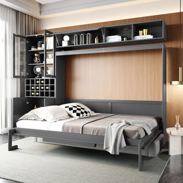 Polibi Queen Size Murphy Bed with Sofa Function - Space-Saving Wall Bed, Shelves USB and Light, for Small Apartments/Studios, Gray Polibi