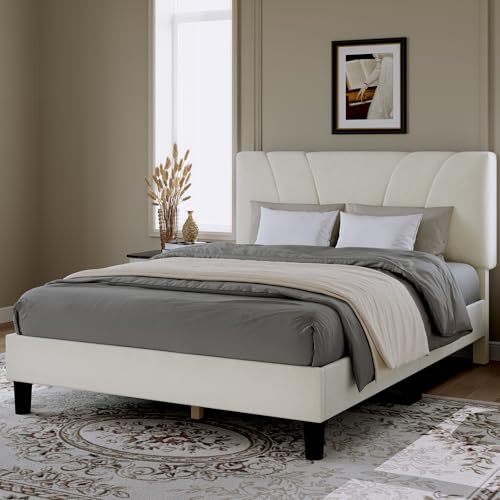 Novilla Queen Bed Frame, Queen Size Bed Frame with Wooden Slats Support, Velvet Upholstered Headboard, No Box Spring Needed, Heavy Duty Feet, Easy Assembly, White Velvet Novilla